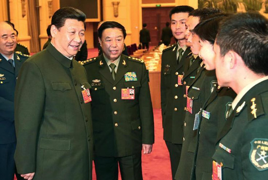中共中央總書記、中共中央軍委主席習(xí)近平出席十二屆全國人大一次會議解放軍代表團(tuán)全體會議并發(fā)表重要講話。