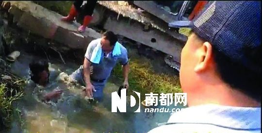 男子沒(méi)入水塘后試圖反抗，遭戴黑帽男子毆打。視頻截圖