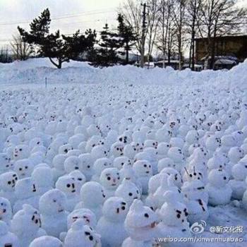 網(wǎng)傳“煙臺(tái)男子大學(xué)生堆1314個(gè)雪人表白”。微博圖