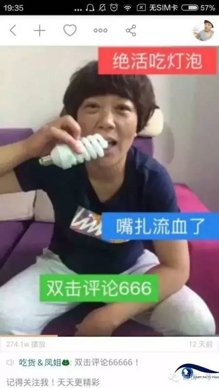 “吃貨鳳姐”直播吃燈泡。