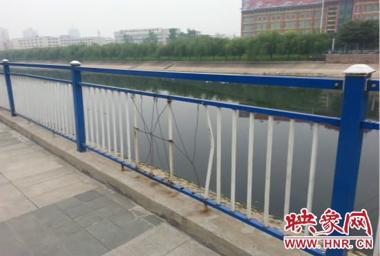 公園內多個護欄中間的鋼筋條不翼而飛，僅僅是用幾根細細鐵絲纏住。