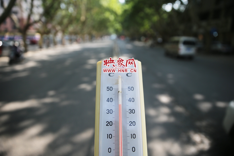 7月8日下午15時(shí)30分，人民路樹(shù)陰處溫度為36度，比人防納涼處高11度。