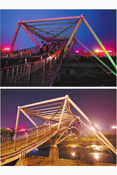 花園路西側(cè)東風(fēng)渠景觀橋，上圖攝于7月31日晚間，下圖攝于10月9日晚間。