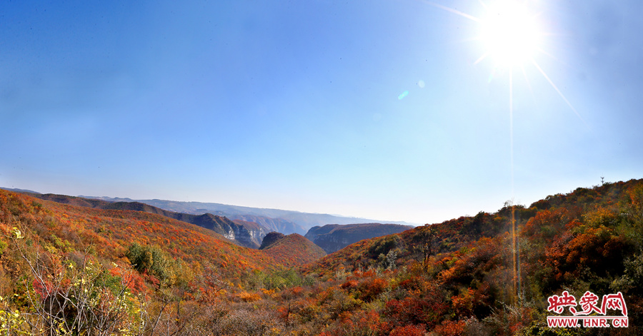 山頂遠(yuǎn)眺，紅葉已經(jīng)綻放出絢麗的色彩