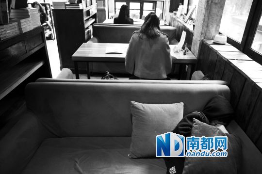 12月12日上午，不打烊書店里，12歲的楊東吃完午飯后抱著抱枕蜷在沙發(fā)里睡覺。