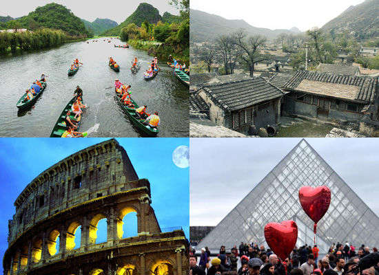 被電視真人秀帶火的旅游景點(diǎn)。左上:云南普者黑;右上:北京靈水村;左下:意大利羅馬;右下:法國(guó)巴黎。